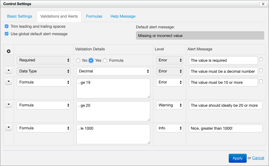 Control validation settings