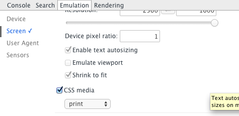 Chrome emulation settings