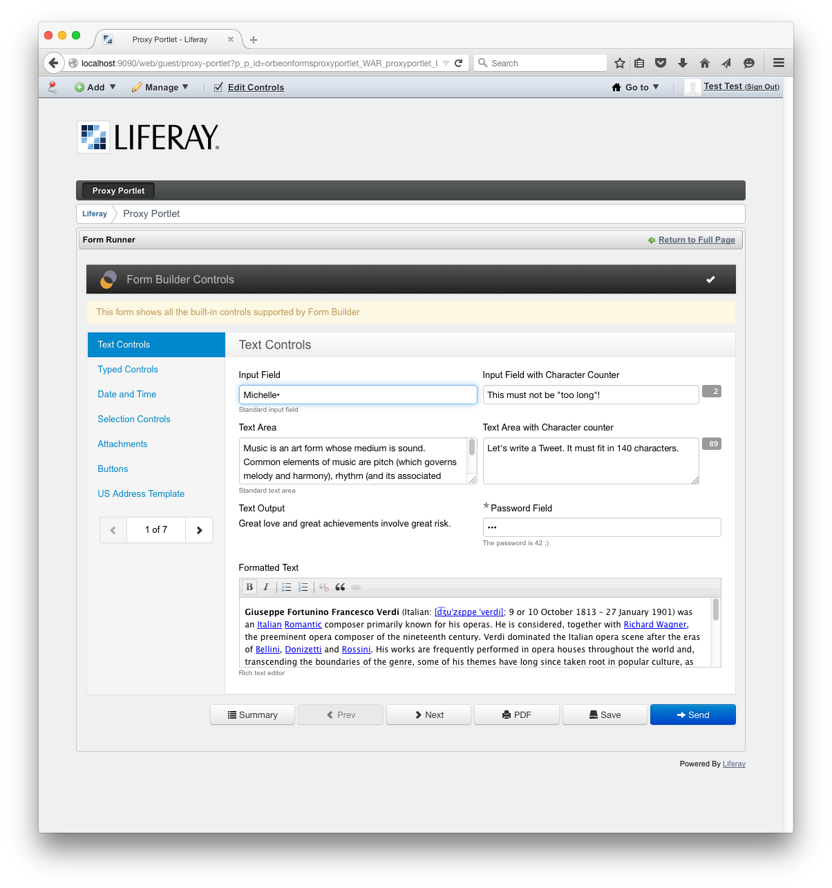 Controls form through the Liferay proxy portlet