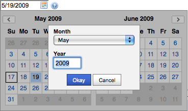 Month and year selection in YUI date picker with navigator and two months properties enabled